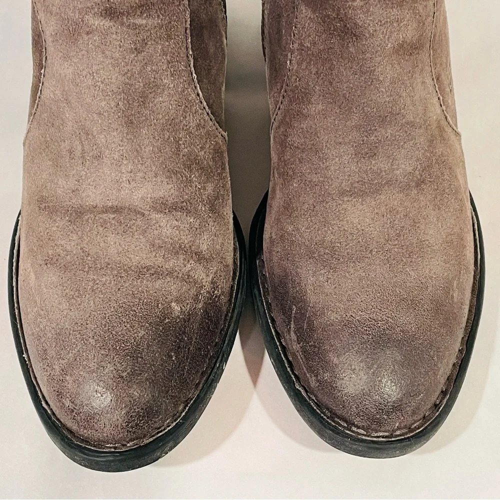 Born “Felicia” Taupe Knee-High Suede Boots Distressed w Tie Back | Like New